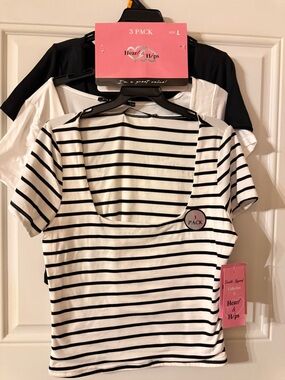 Heart Hips Black and White Striped, white, and black, Short Sleeve Tops - 3 Pack